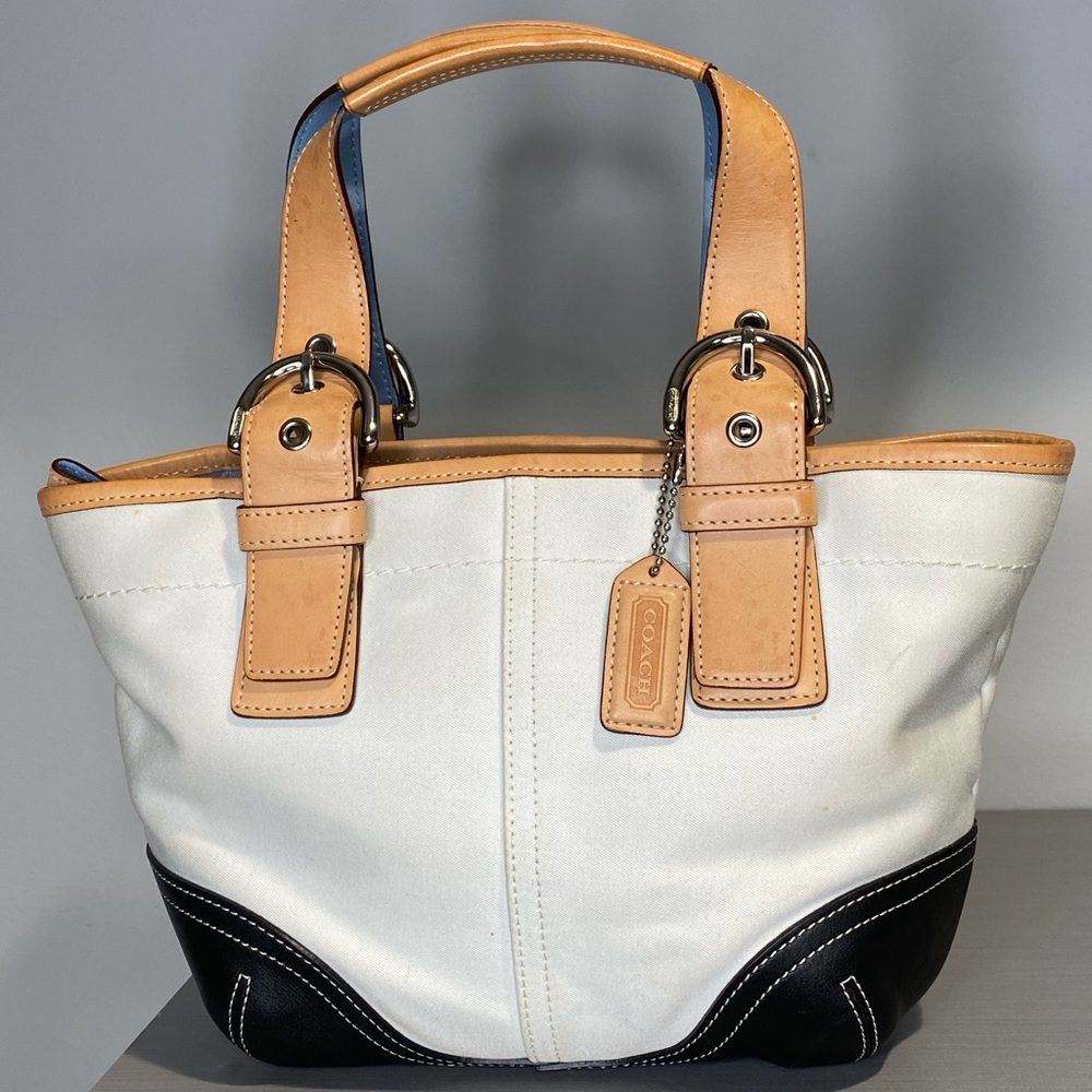 Coach small black leather base.canvas tan and blue